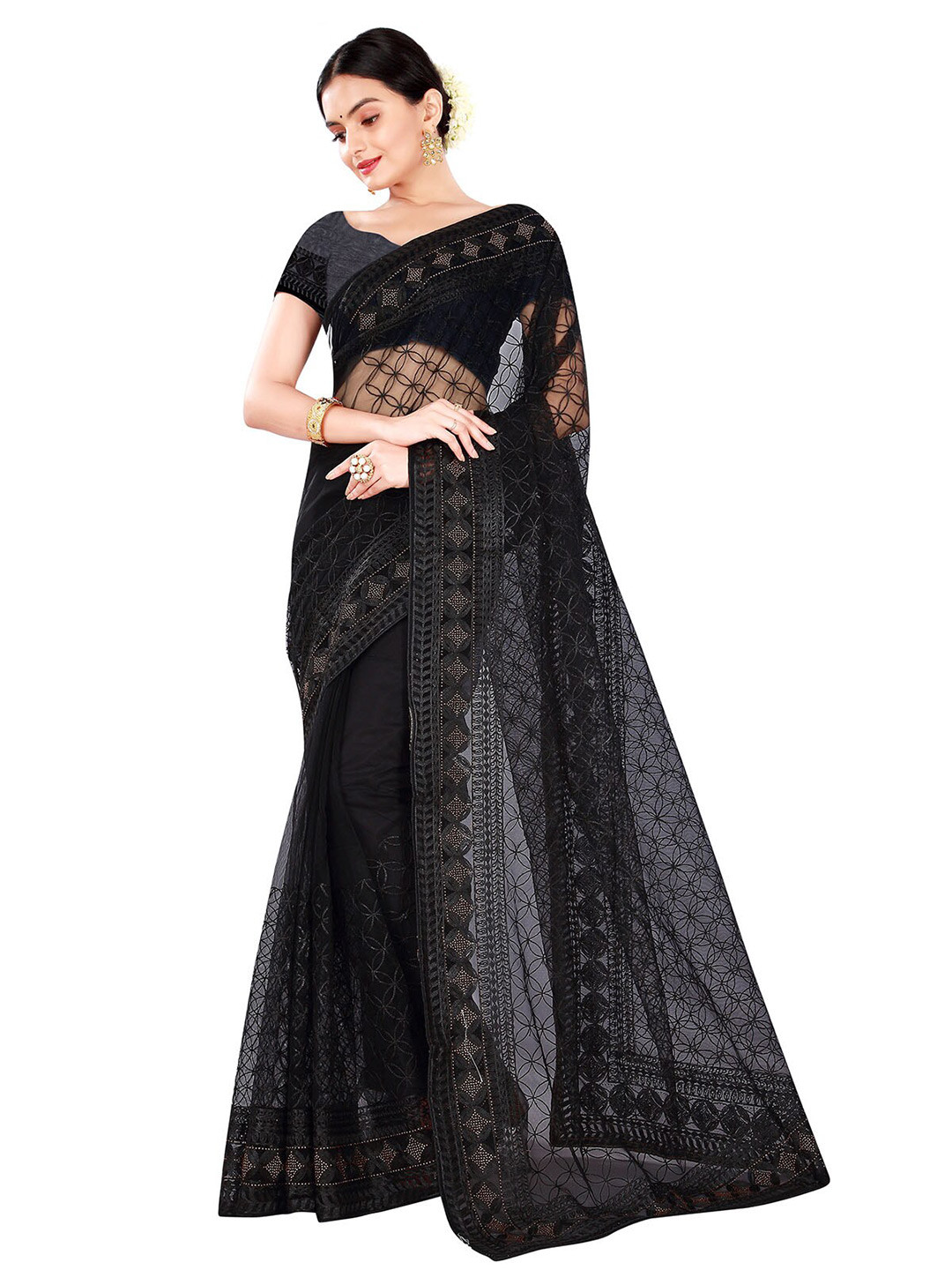 ODETTE Black Embellished Embroidered Net Saree
