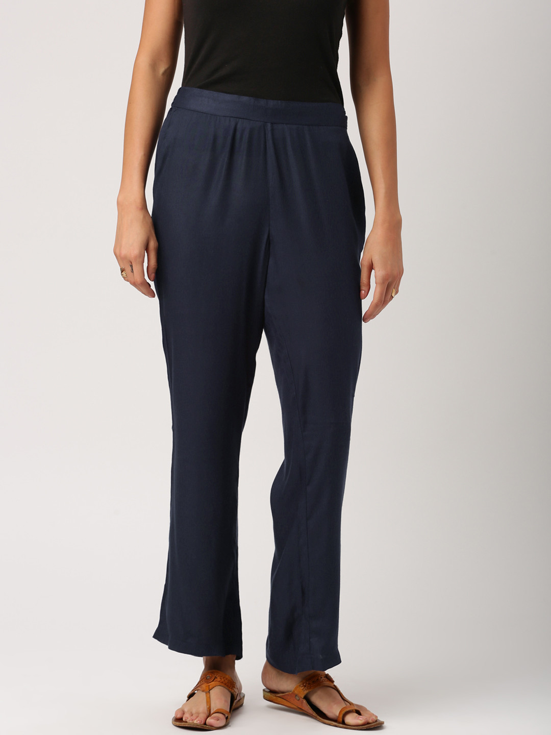 IndusDiva Infusions Women Navy Regular Fit Solid Parallel Trousers