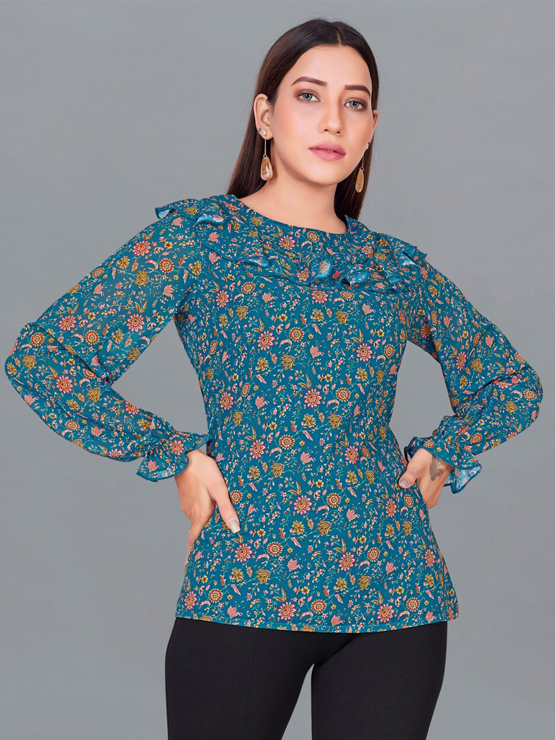 FASHION DREAM Teal Floral Print Georgette Top