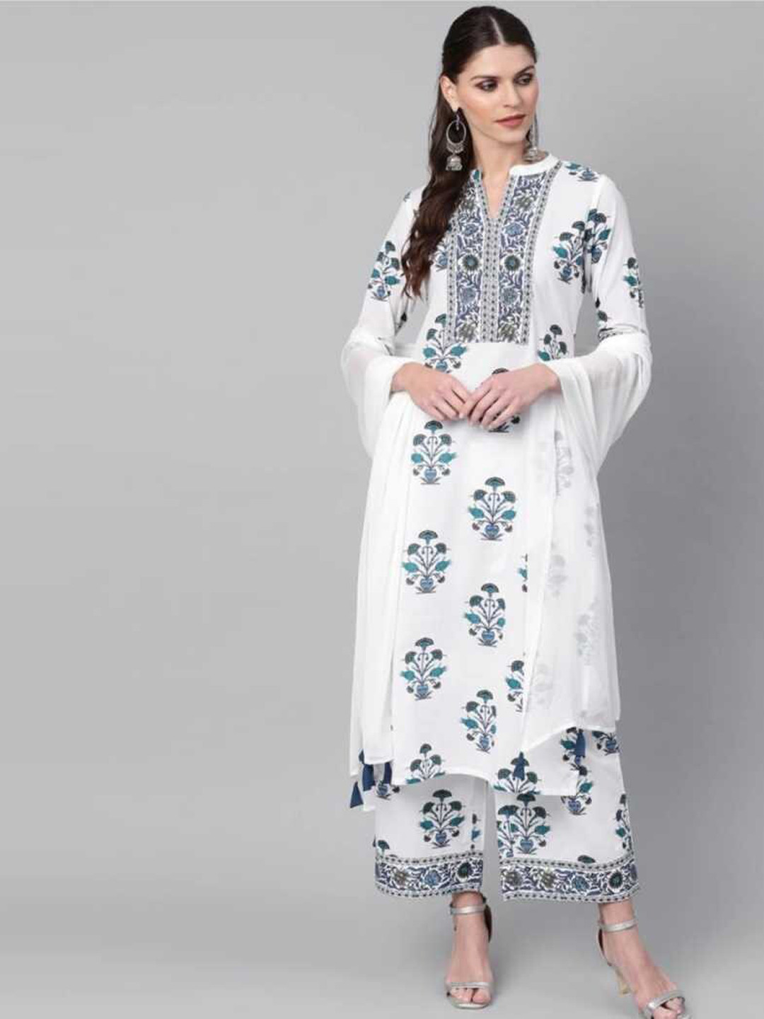 Ngudi Women White Floral Embroidered Kurti with Palazzos & Dupatta