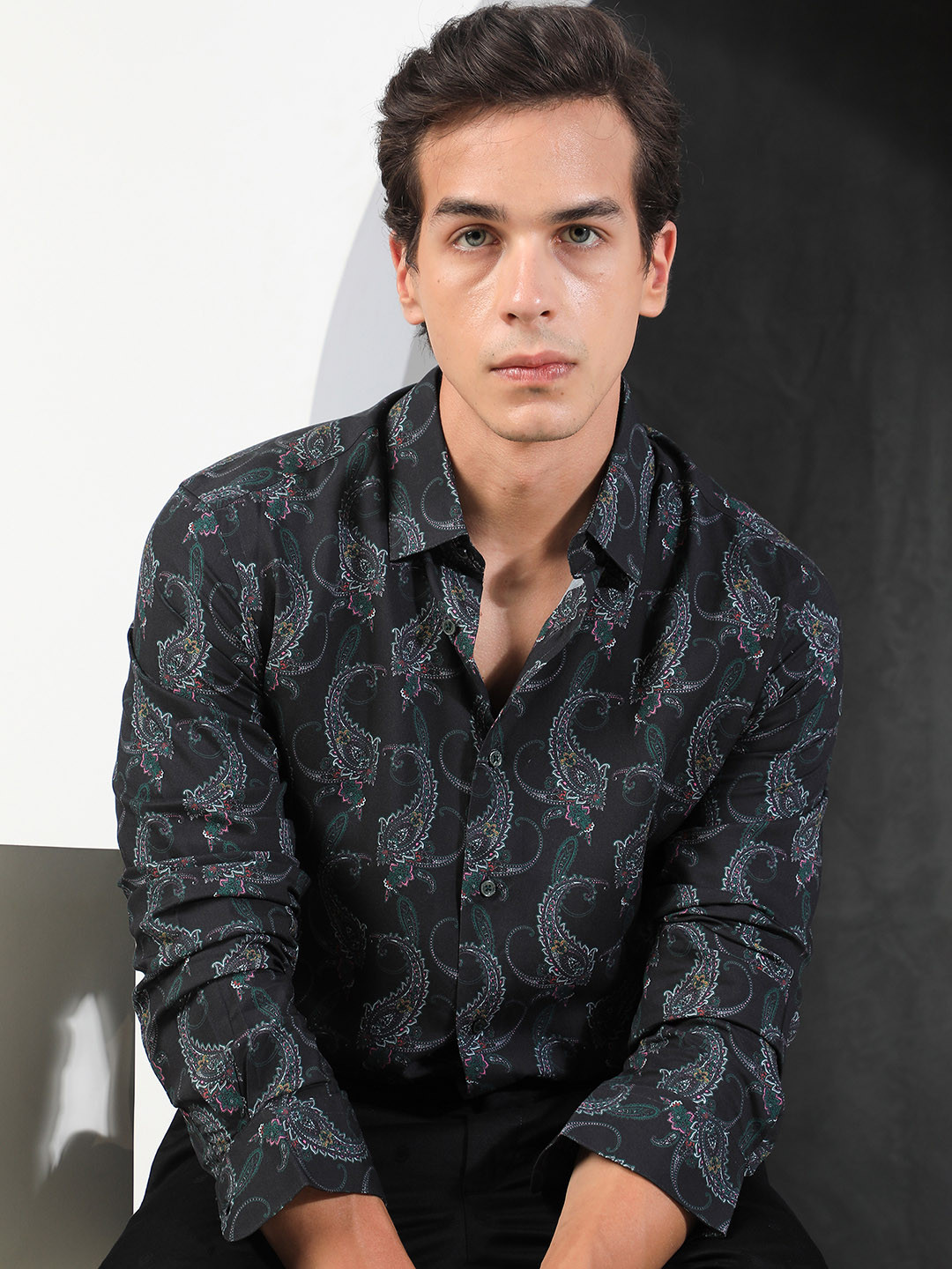 RARE RABBIT Men Black Slim Fit Printed Formal Shirt