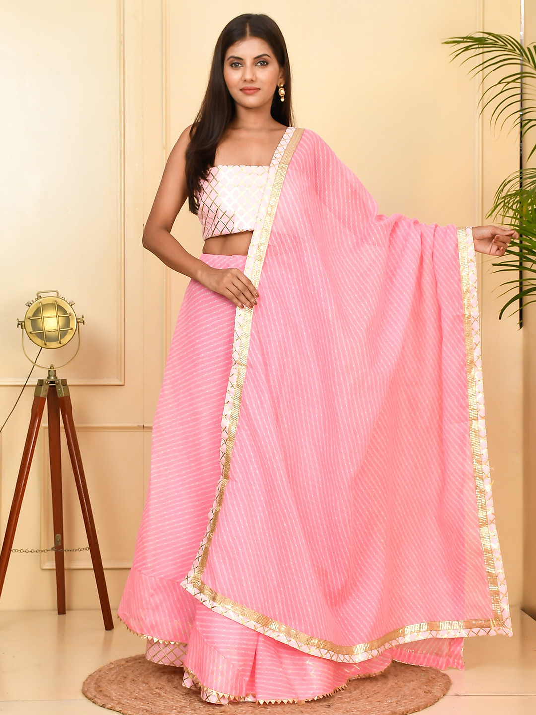 Kesarya Women Pink Leheriya Semi Stitched Lehenga & Unstitched Blouse With Dupatta