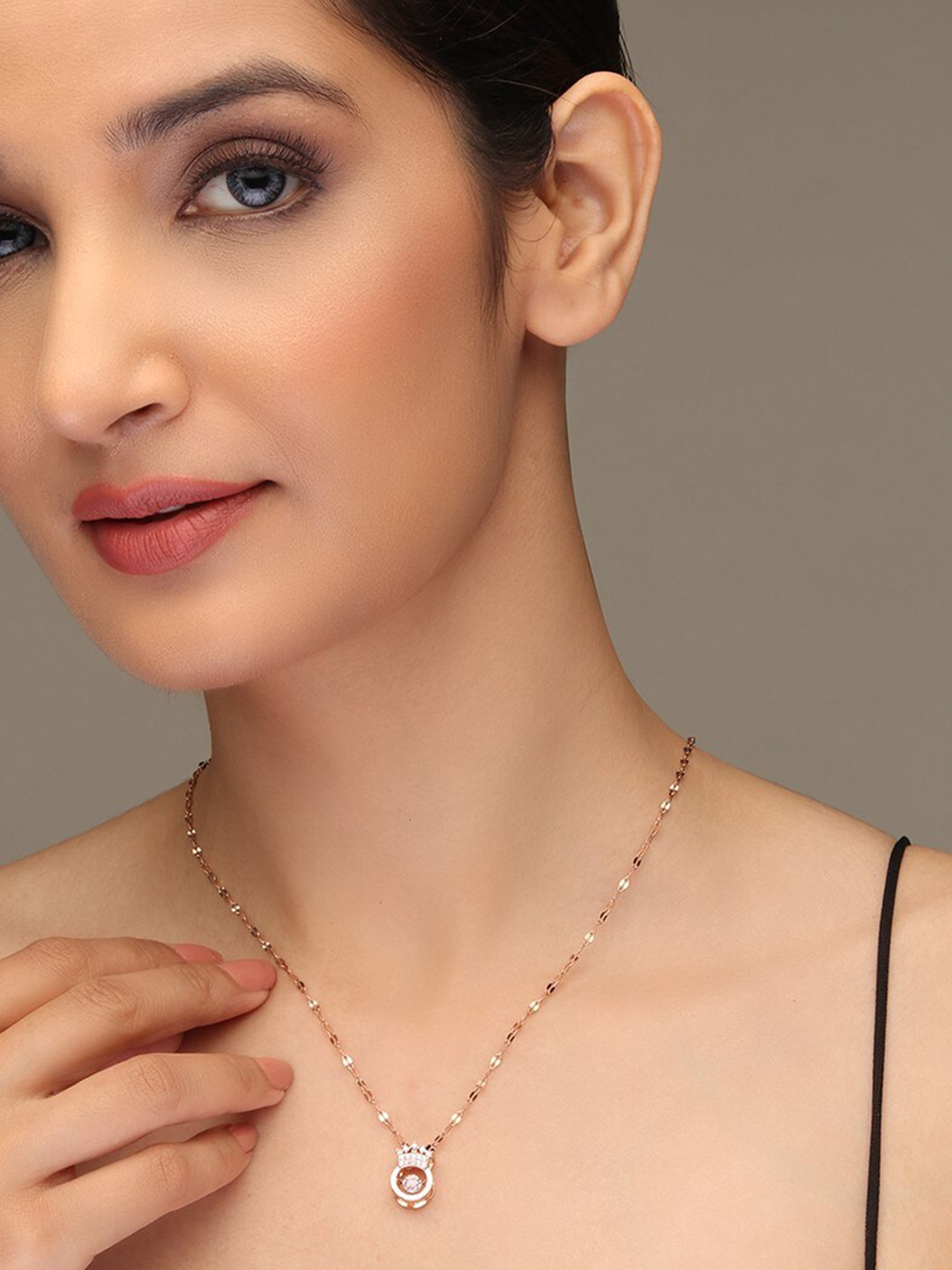 LAIDA Women Rose Gold-Plated & White AD Studded crown pendant with chain