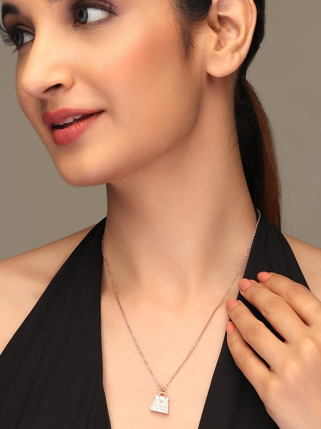 LAIDA Women Rose Gold-Plated & White AD-Studded Bag Pendant With Chain