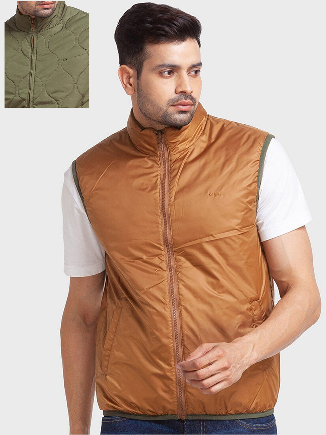 ColorPlus Men Green & Orange Puffer Jacket