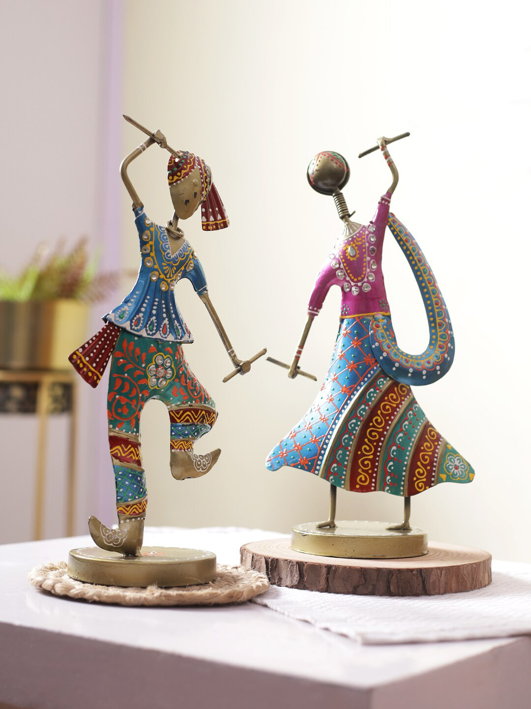 Aapno Rajasthan Dandiya Players Blue Metal Glossy Living Room Set of 2 Medium Showpieces - 12.6 Inches