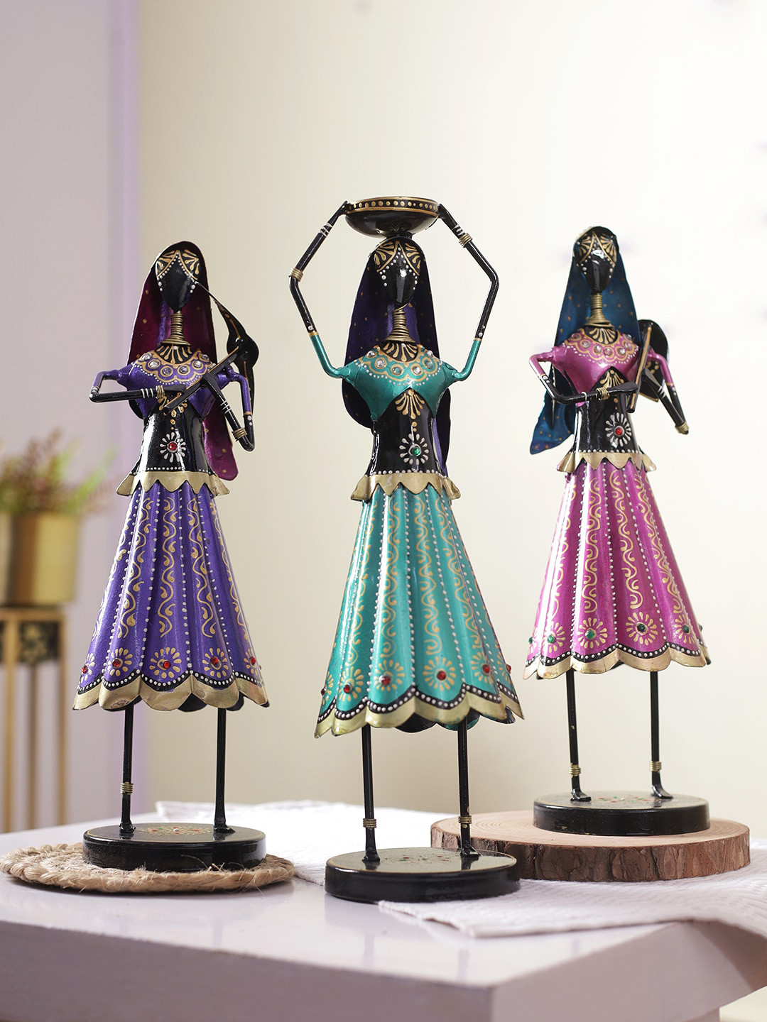 Aapno Rajasthan Farmer Lady Blue Metal Metallic Living Room Set of 3 Medium Showpieces - 14.8 Inches