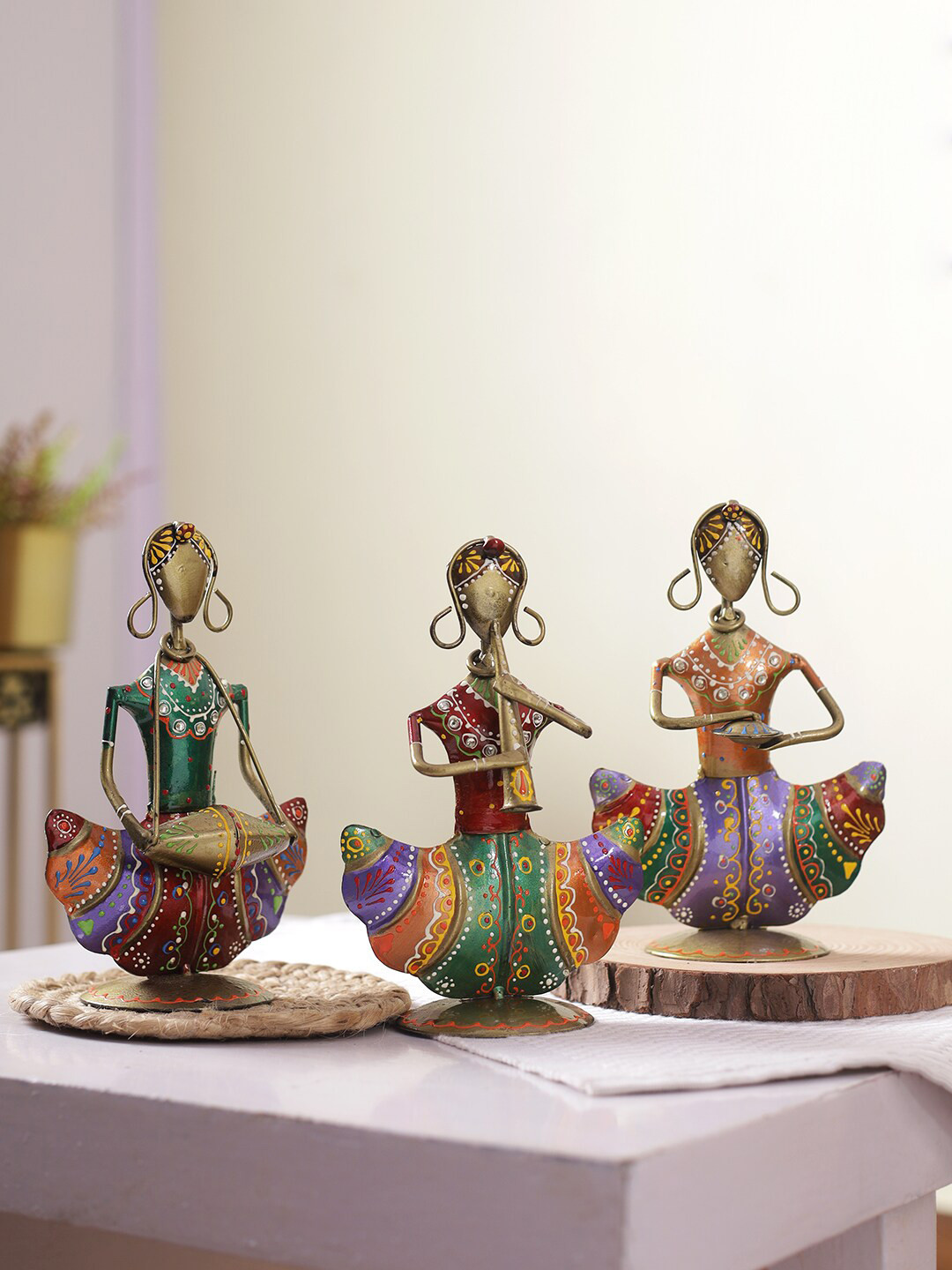 Aapno Rajasthan Doll Musicians Green Metal Metallic Living Room Music Set of 3 Small Showpieces - 7.5 Inches