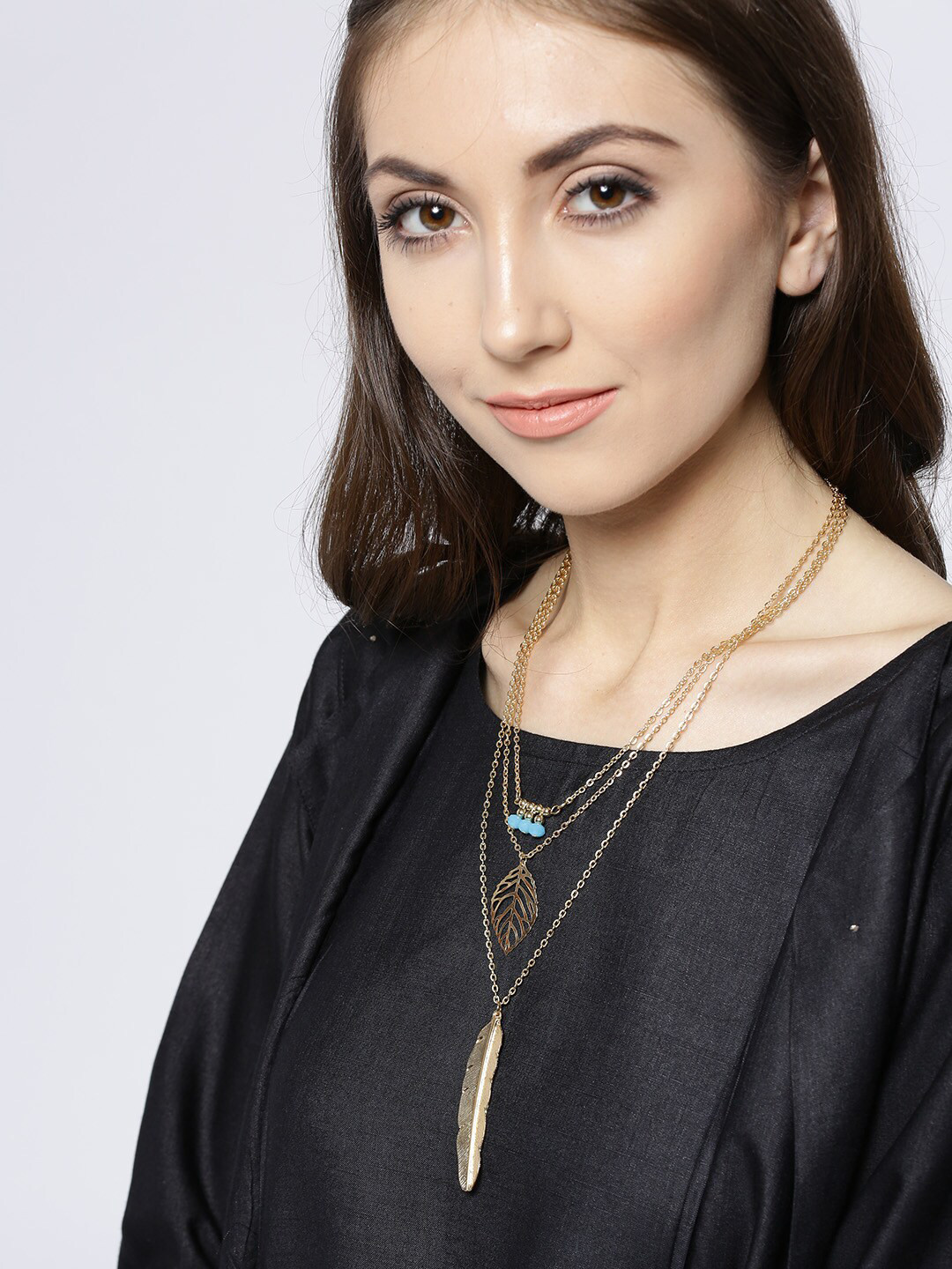 OOMPH Beige & Gold-Toned Feather Multi Layered Multi-Strand Bohemian Fashion Necklace