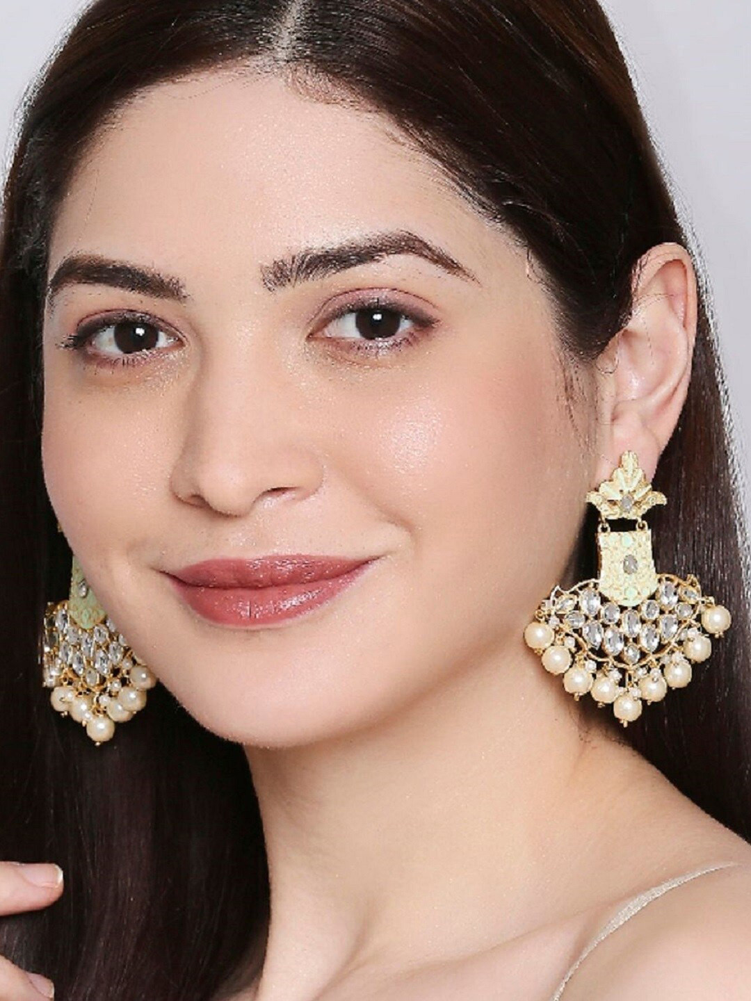 OOMPH Women White Enamel Kundan & Pearls Gold-Plated Geometric Chandbalis Earrings