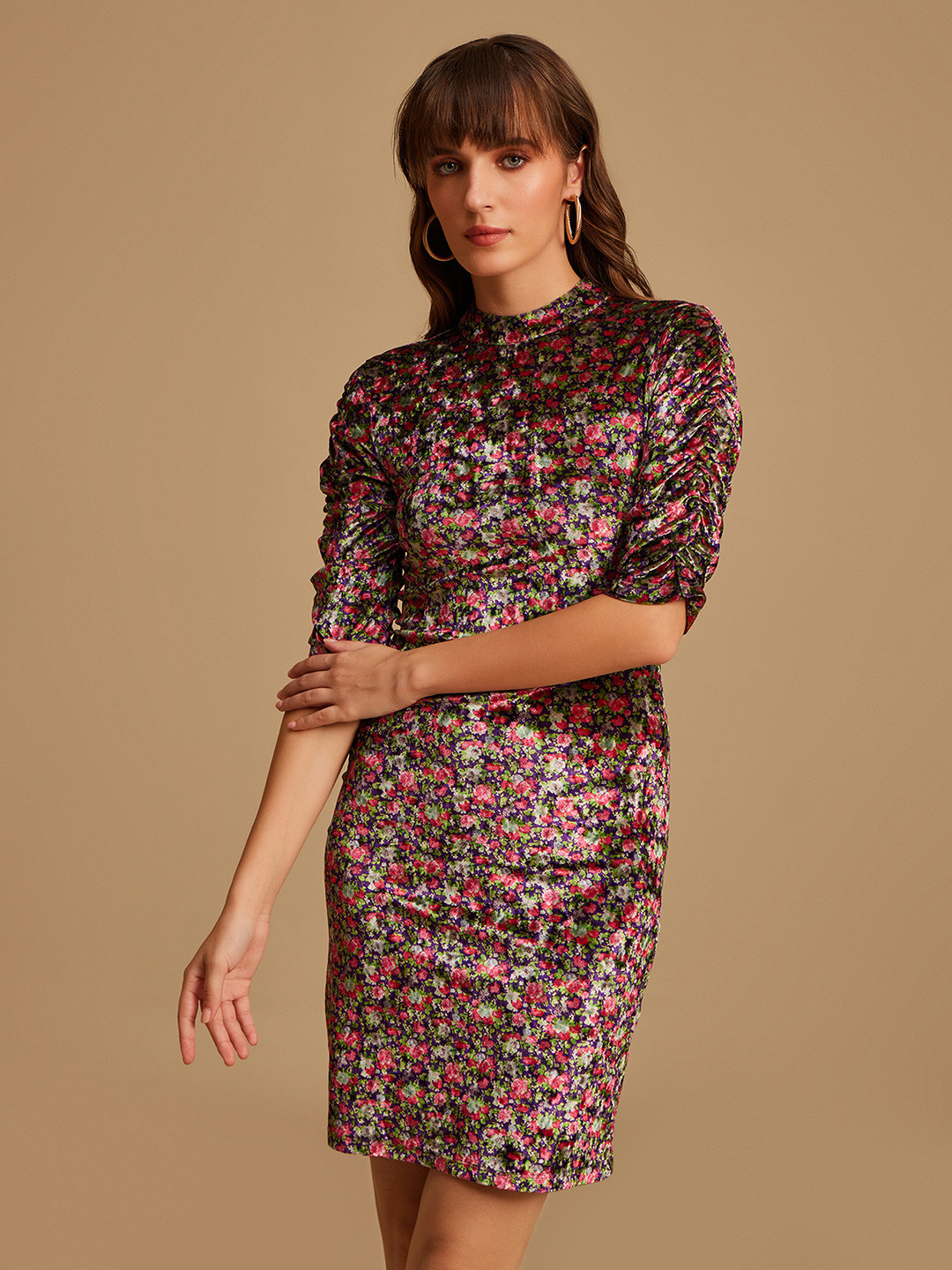 Kazo Purple Floral Velvet Sheath Dress