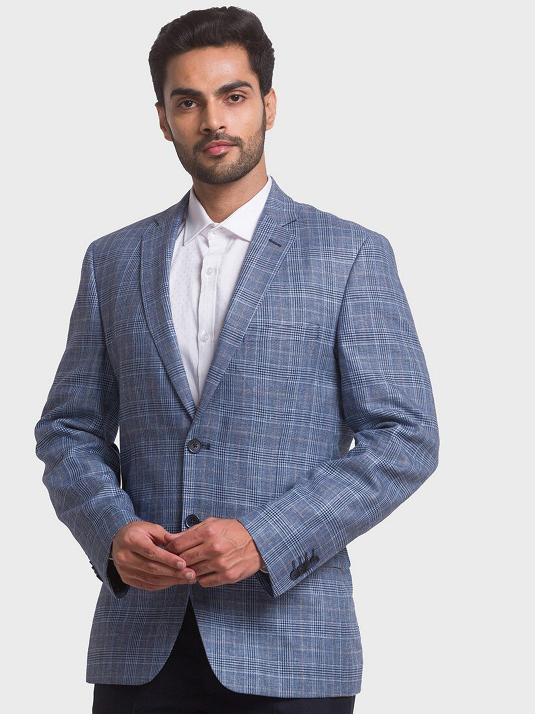 ColorPlus Men Blue Checked Single-Breasted Formal Linen Blazer