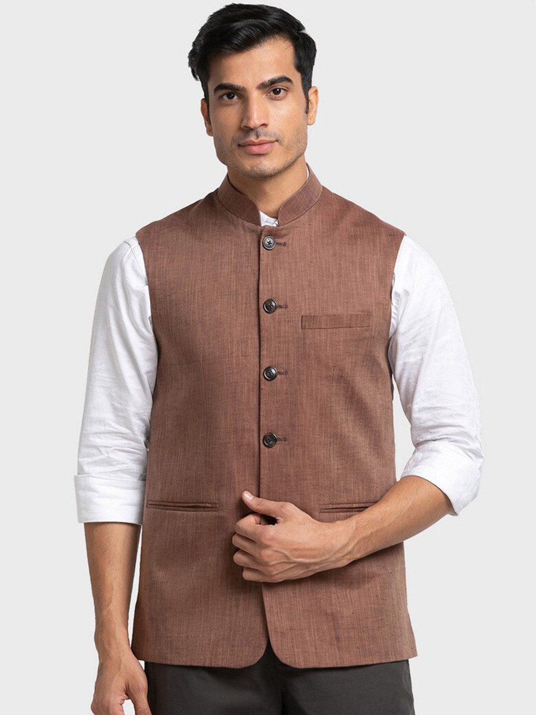 ColorPlus Men Brown Solid Contemporary Fit Nehru Jacket