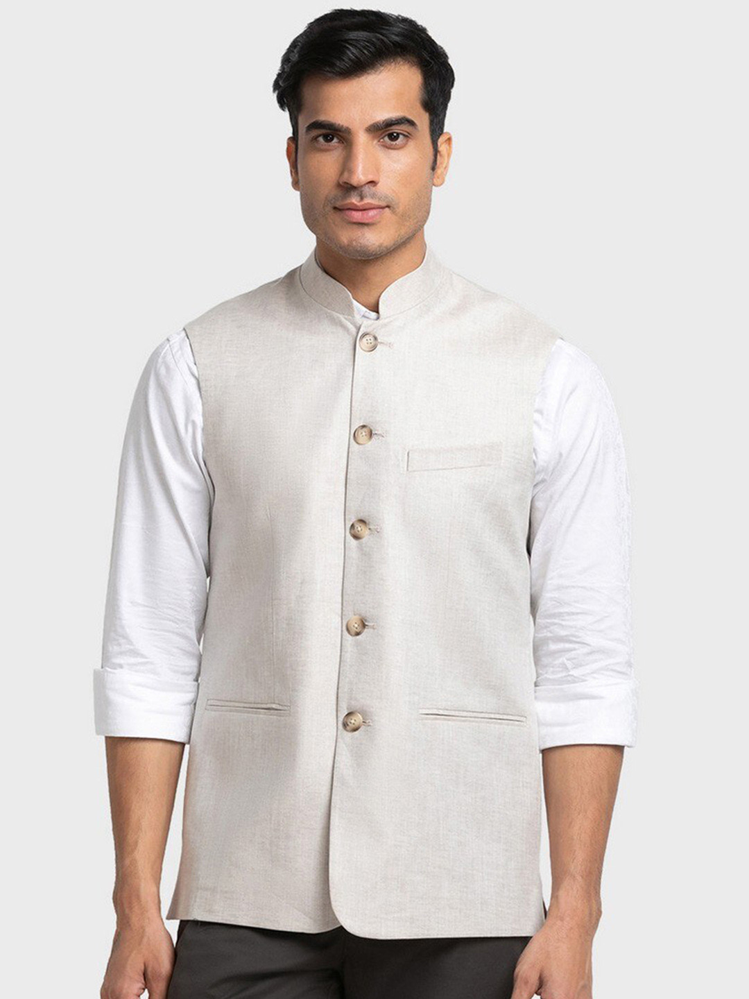 ColorPlus Men Beige Solid Pure Cotton Waistcoat