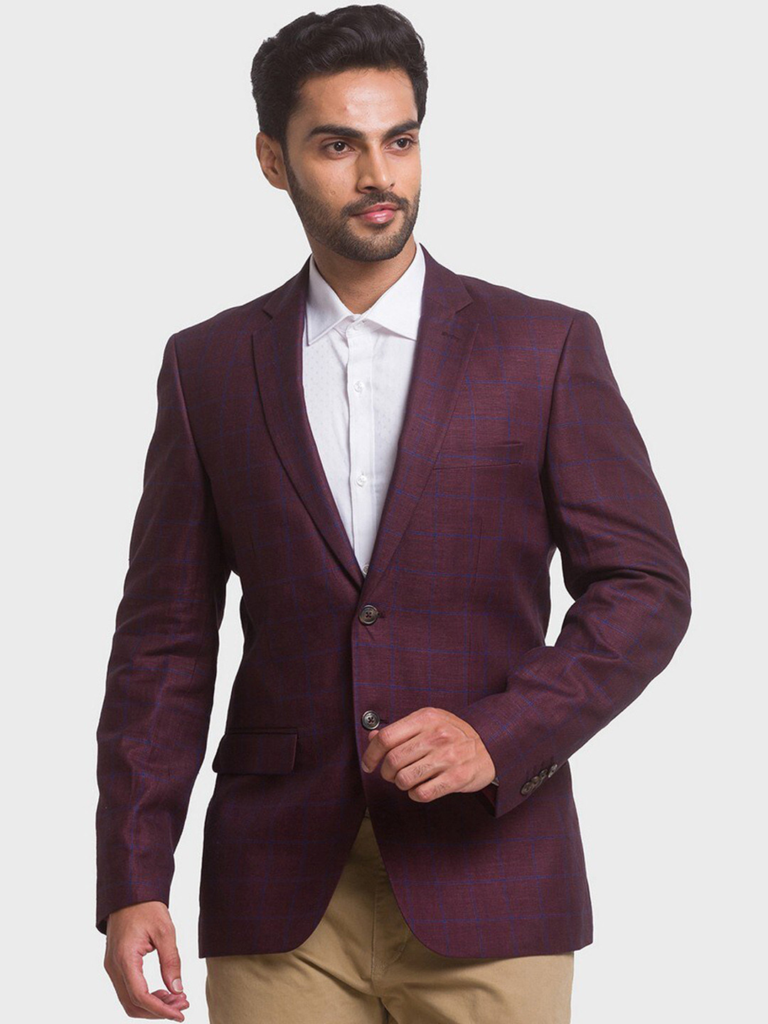 ColorPlus Men Maroon Checked Single-Breasted Linen Formal Blazer