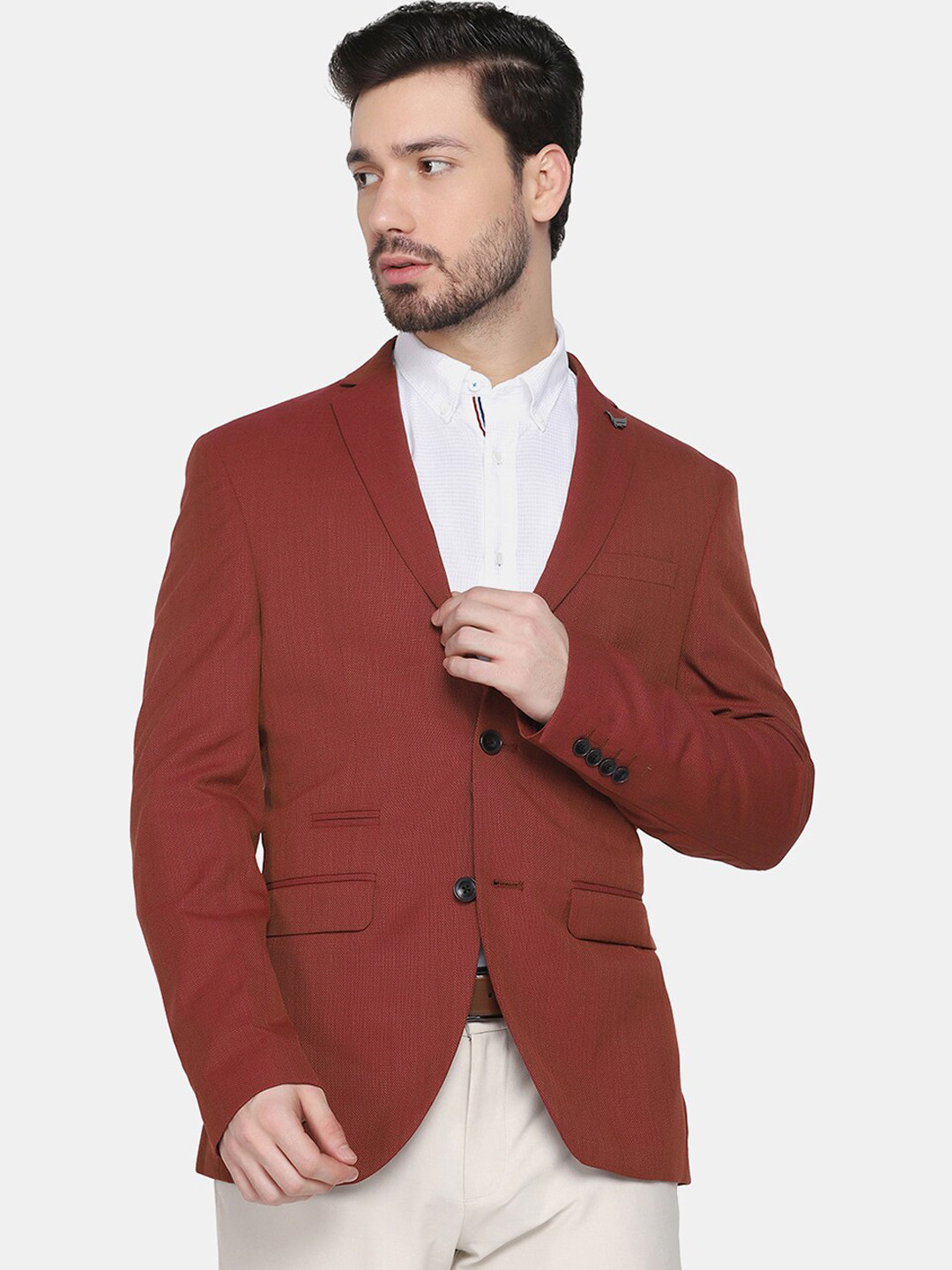Blackberrys Men Rust Coloured Self Design Slim-Fit Single-Breasted Formal Blazer
