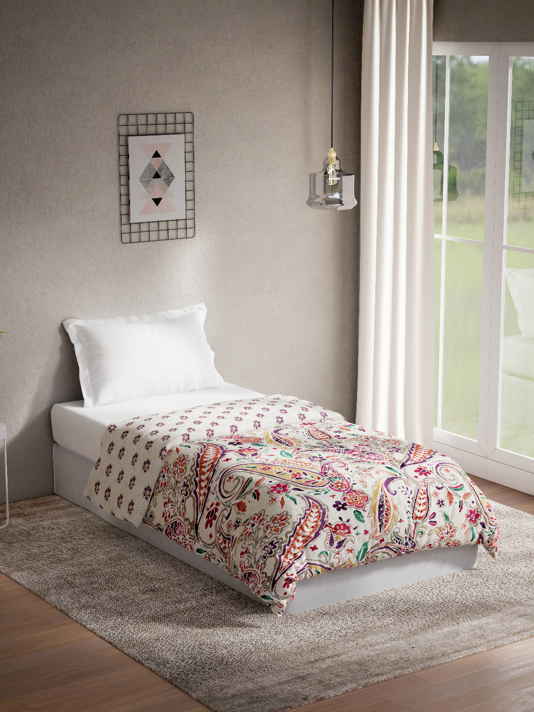 DDecor Cream Printed Pure Cotton 150 GSM Reversible Single Quilt