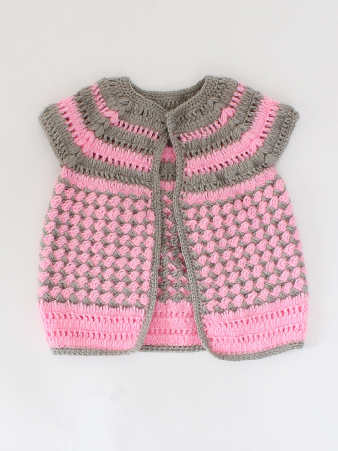 Woonie Girls Pink & Grey Self Design Crochet Cardigan