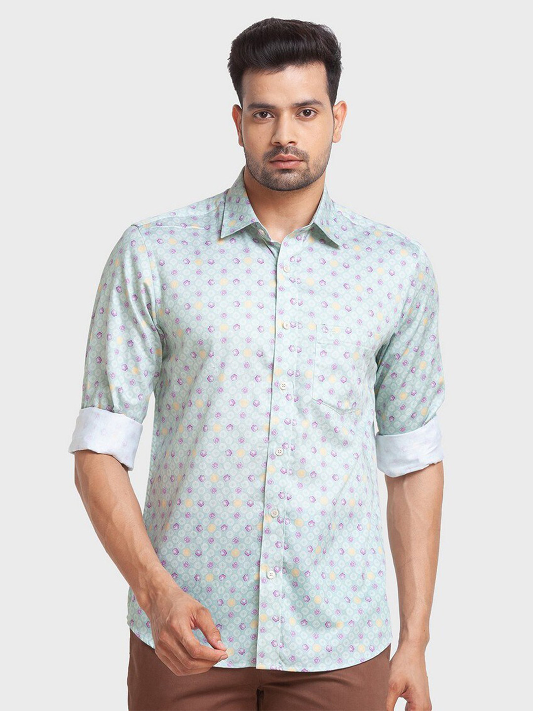 ColorPlus Men Green Organic Cotton Tailored Fit Printed Casual Shirt