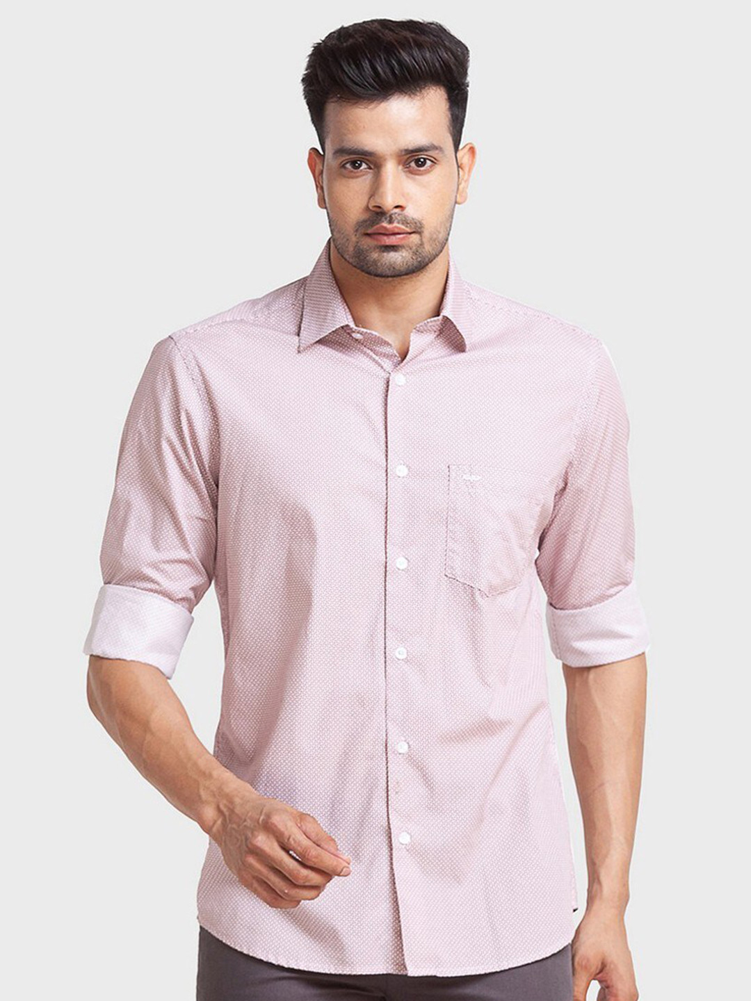 ColorPlus Men Pink Tailored Fit Micro Checks Casual Shirt