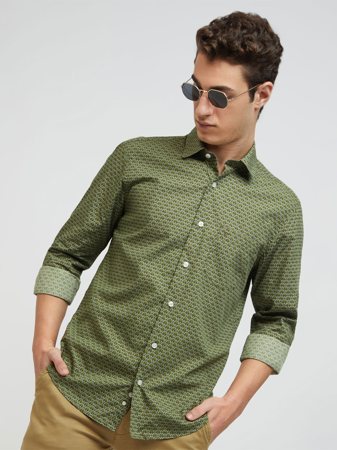 ColorPlus Men Green Tailored Fit Printed Organic Cotton Casual Shirt