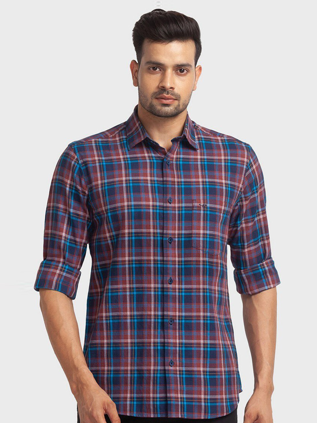 ColorPlus Men Red Tailored Fit Tartan Checked Organic Cotton Casual Shirt