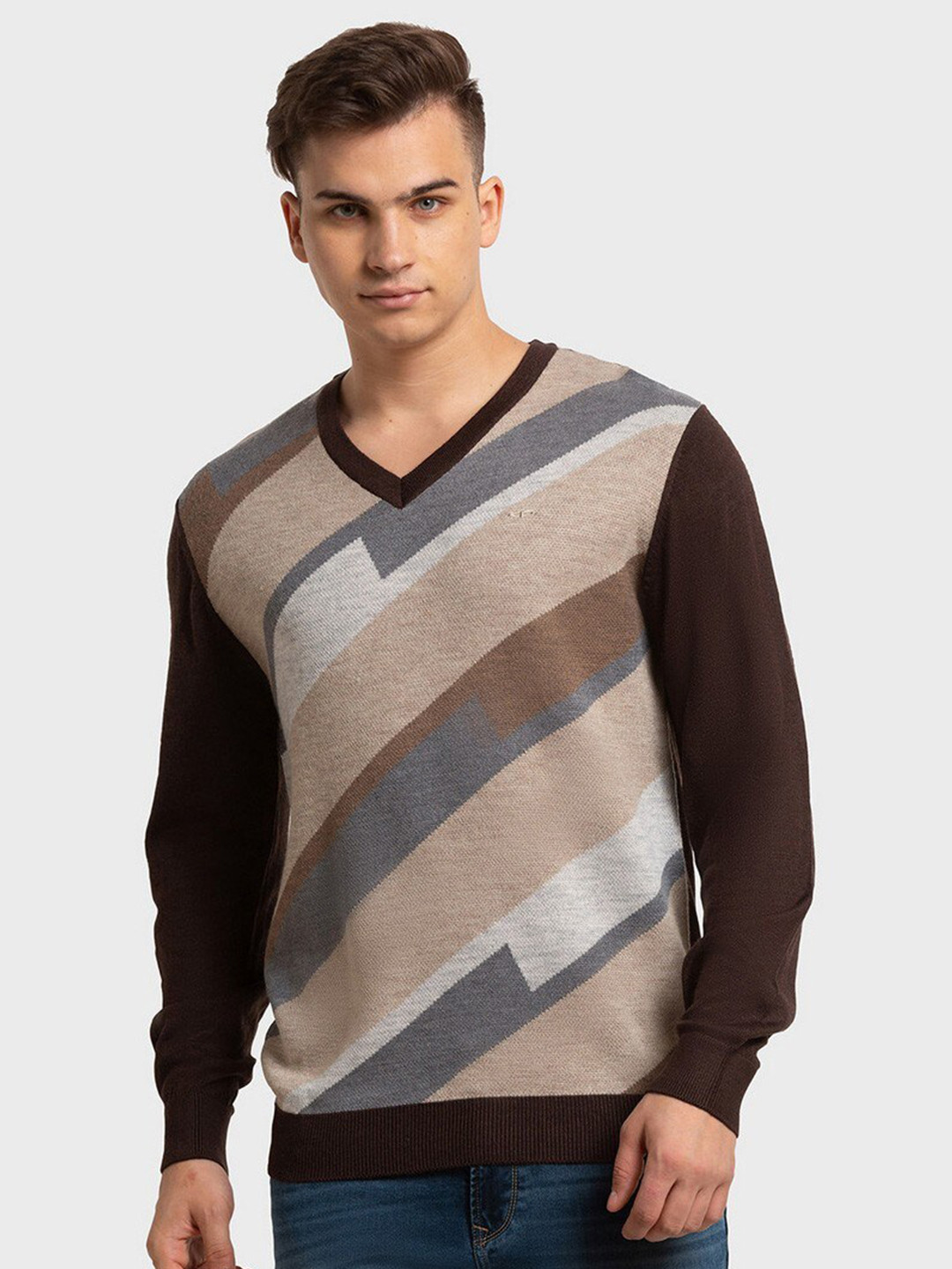 ColorPlus Men Brown & Grey Colourblocked Pullover