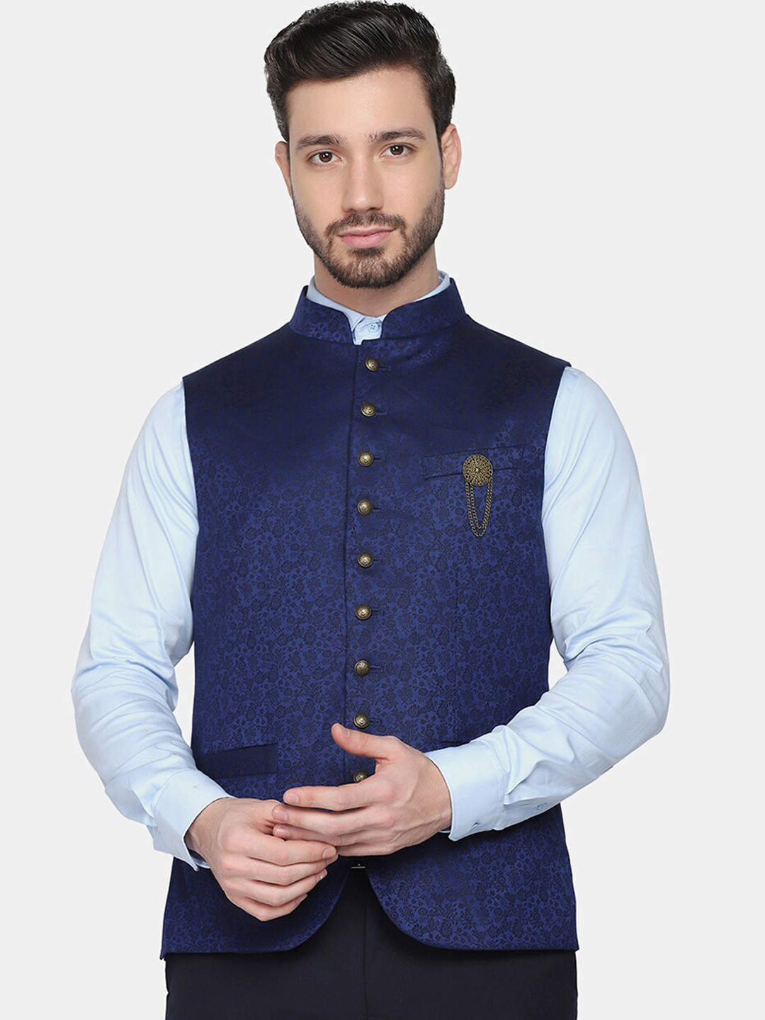 Blackberrys Men Navy Blue Bandgala Jcquard Design Slim Fit Waistcoat