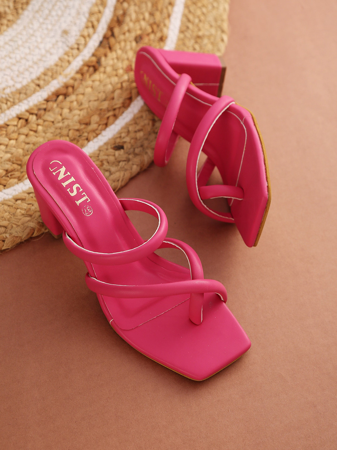 GNIST Pink Block Open Back Slip On Mid-Top Sandals Heels