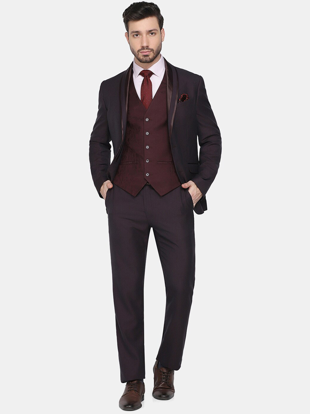 Blackberrys Men Maroon Solid Slim Fit Single Breasted Three Piece Suit