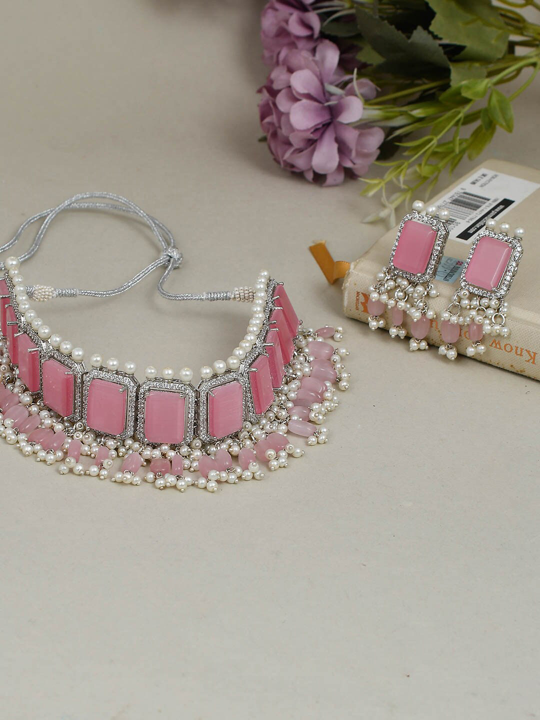 Silvermerc Designs Silver-Plated Stone Studded and Pearl Bridal Choker  Jewellery Set