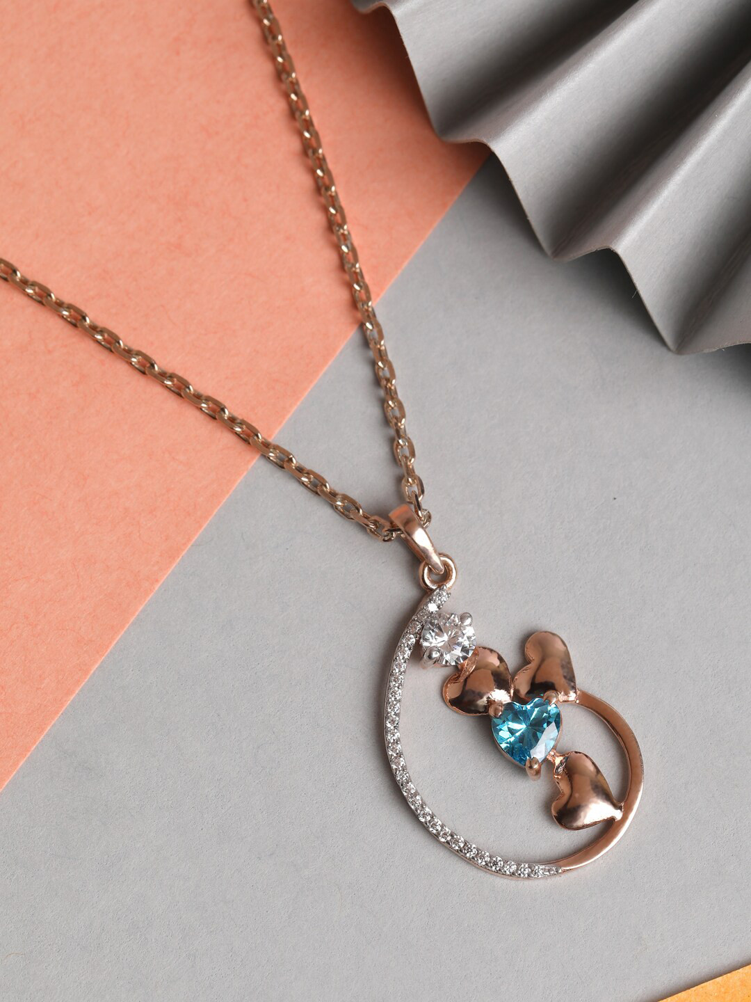 Clara Women 925 Sterling Silver Blue & White Rose Gold Plated Heart Pendant With Chain