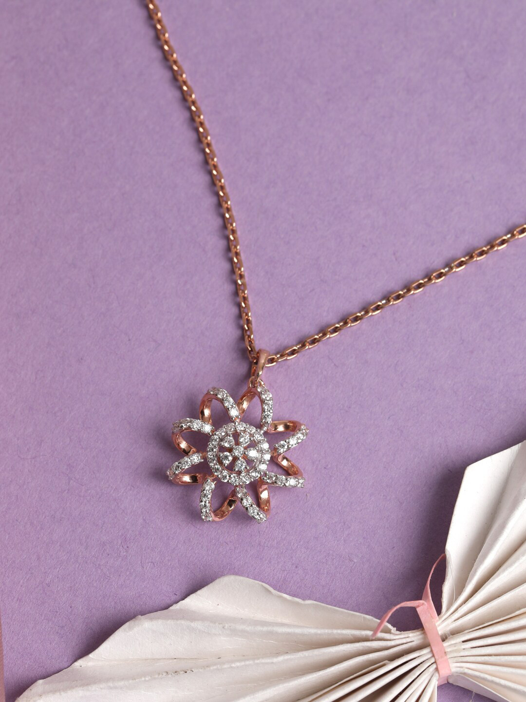 Clara Women 925 Sterling Silver Rose Gold-Plated & White CZ Studded Pendant With Chain