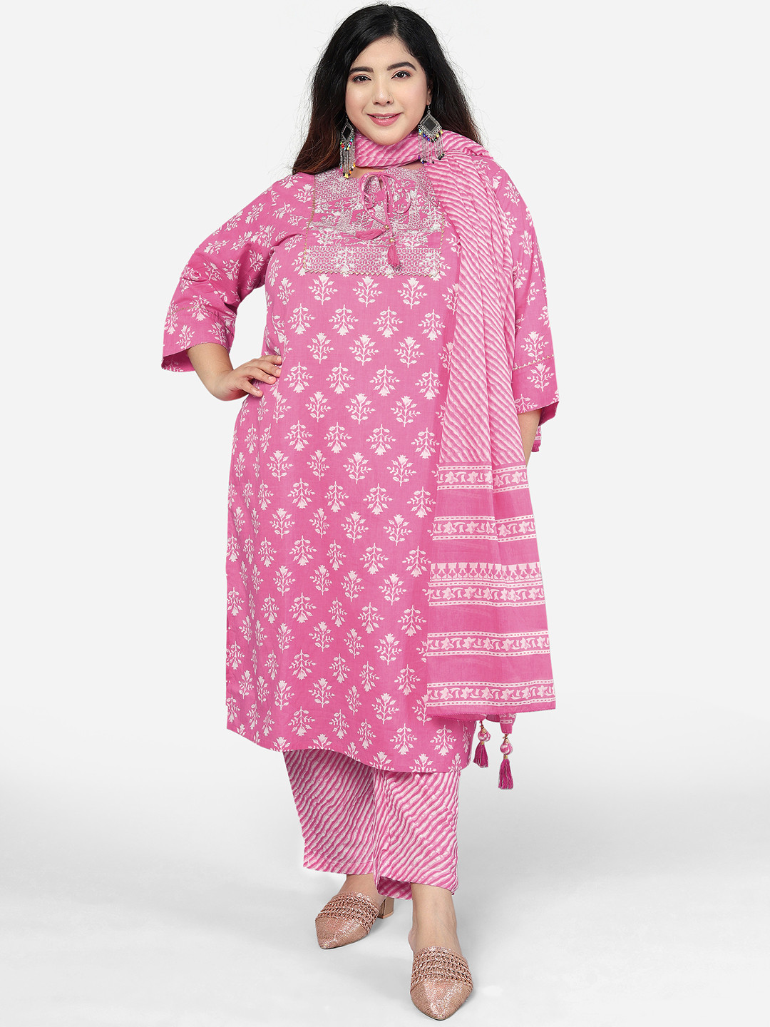 MIRCHI FASHION Women Plus Size Floral Printed Pure Cotton Kurta with Trouser & Dupatta
