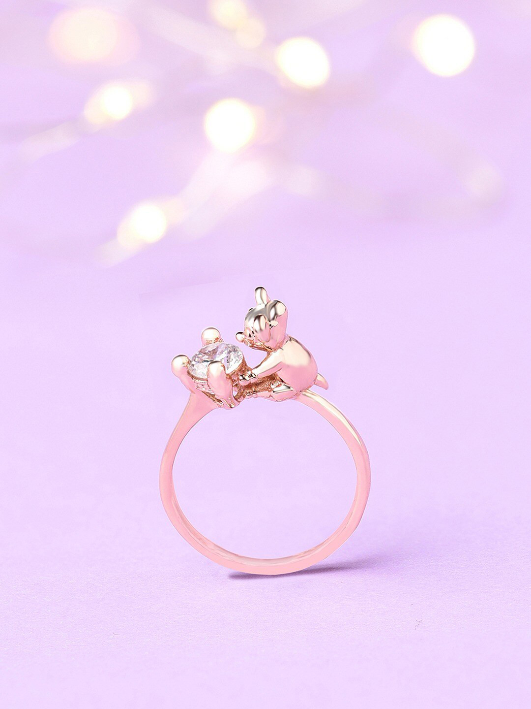 AMI Women Rose Gold-Plated Contemporary Cubic Zirconia Cute Teddy Brass Ring