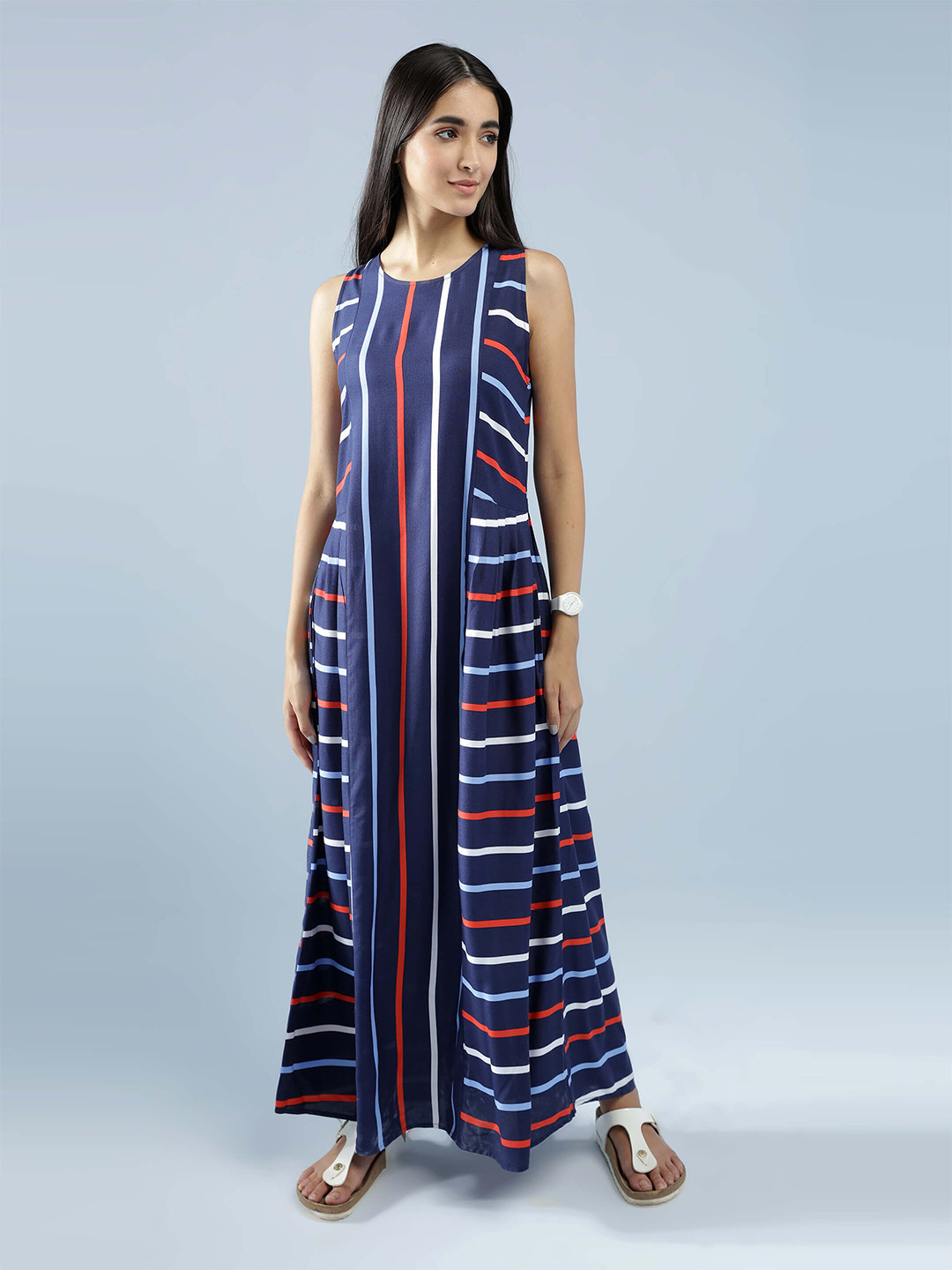 IDK Blue Striped A-Line Midi Dress