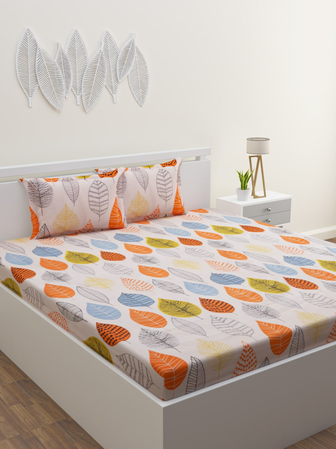 ROMEE Beige Leaf Microfiber 210 TC Queen Superfine Bedsheet with 2 Pillow Covers-90 x 100 inches