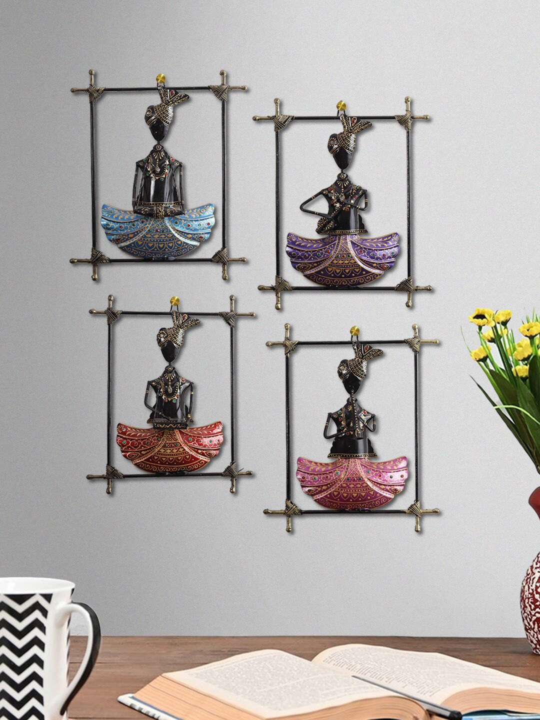 Aapno Rajasthan Musician Men Metal Ethnic Motifs Glossy 4Pcs Abstract Wall Decor-15.4In