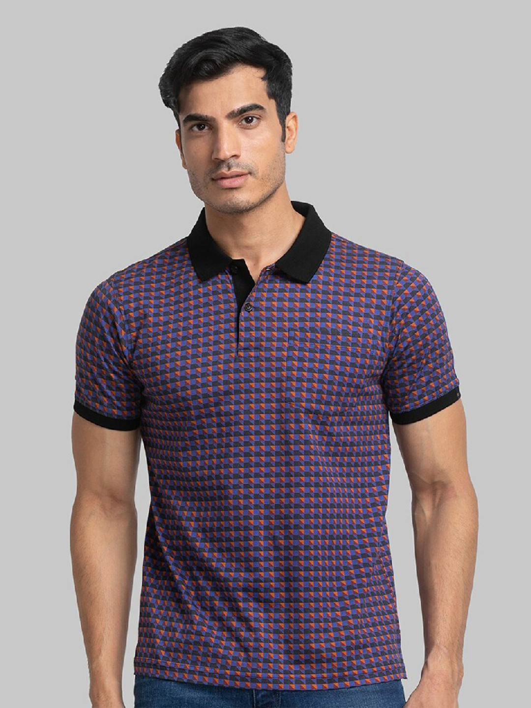 Raymond Men Dark Blue Printed Polo Collar T-shirt