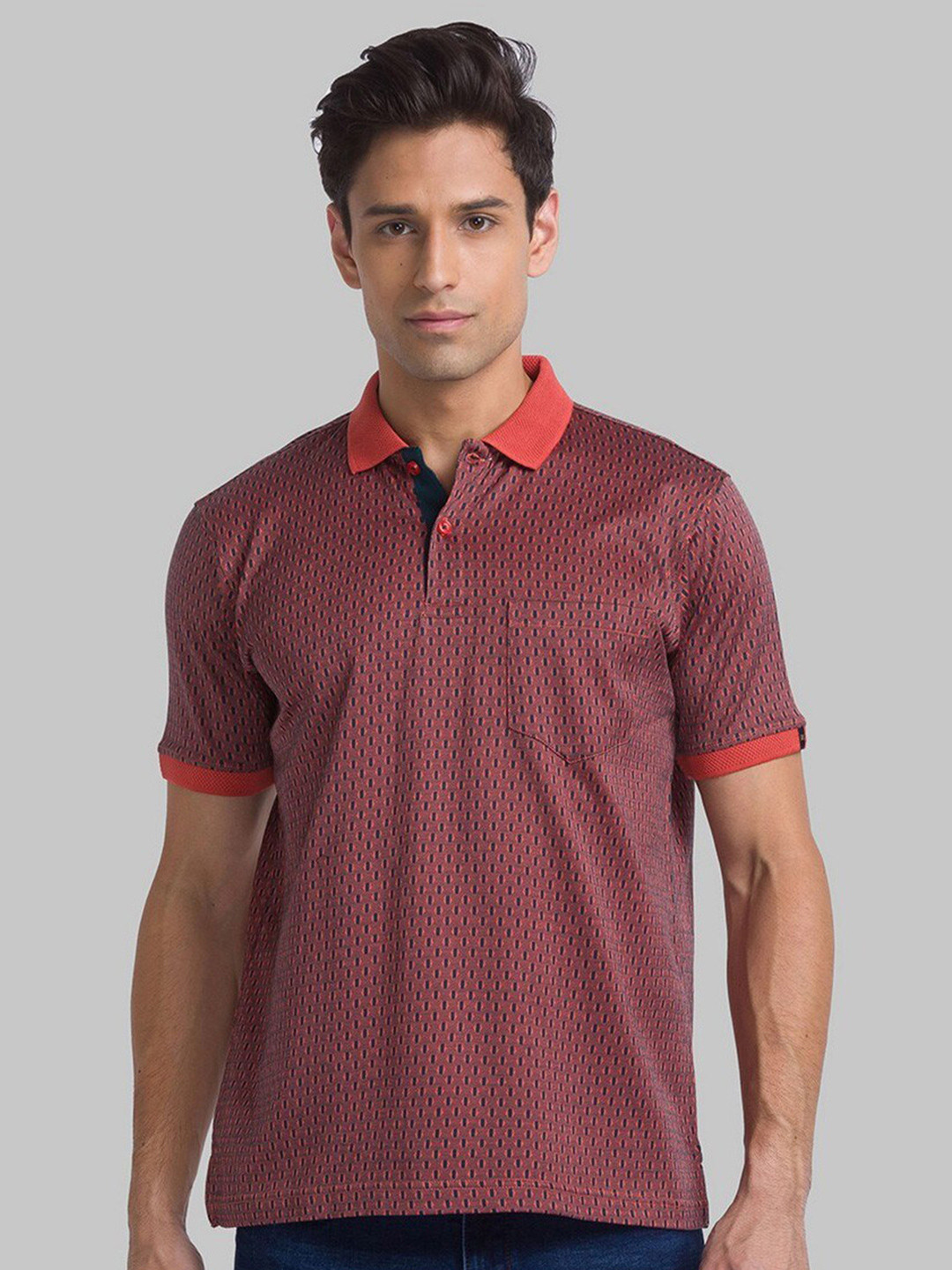 Raymond Men Red Self-Design Polo Collar Organic Cotton T-shirt