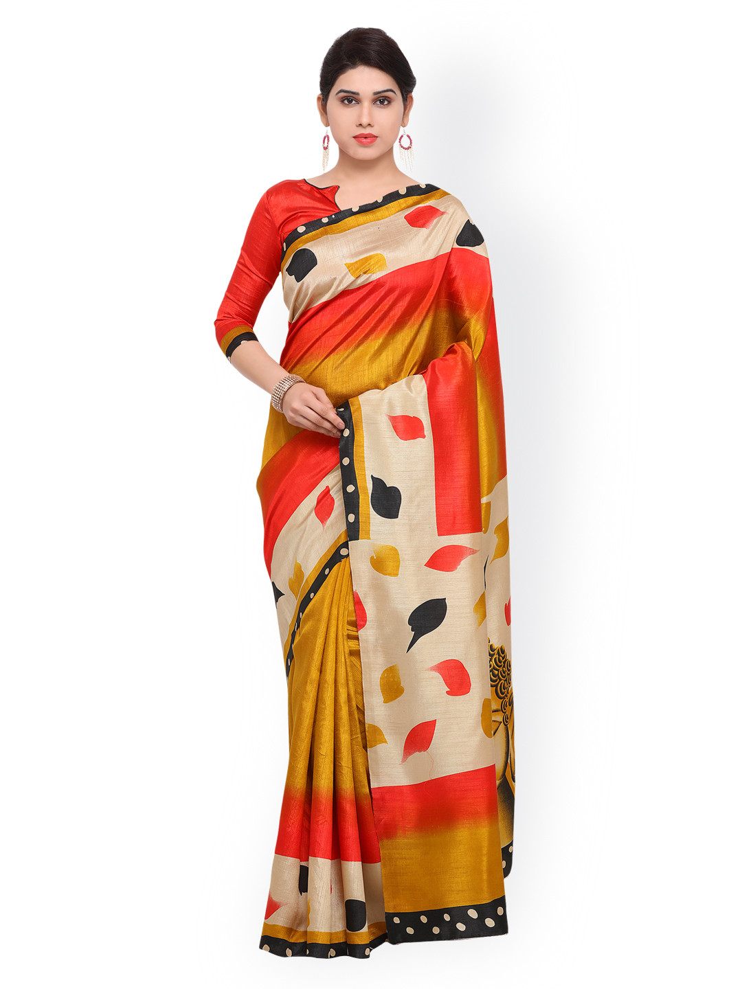 Saree mall Mustard Yellow & Orange Art Silk Printed Bhagalpuri Saree