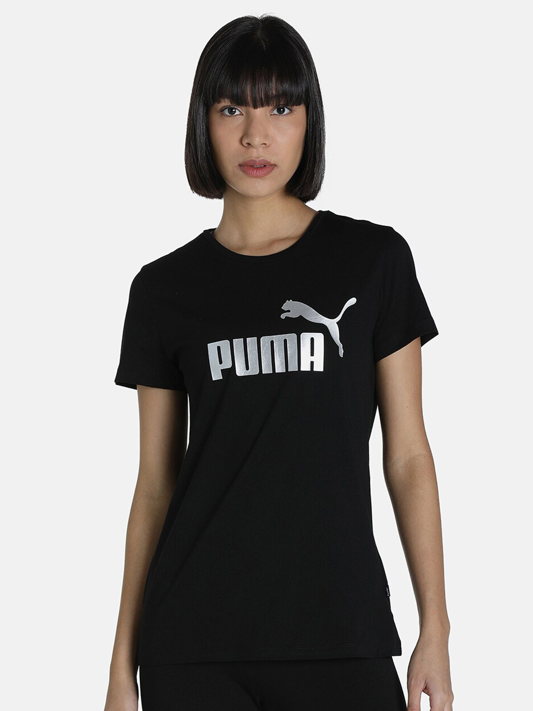 Puma Women Black Essentials+ Metallic Logo T-shirt