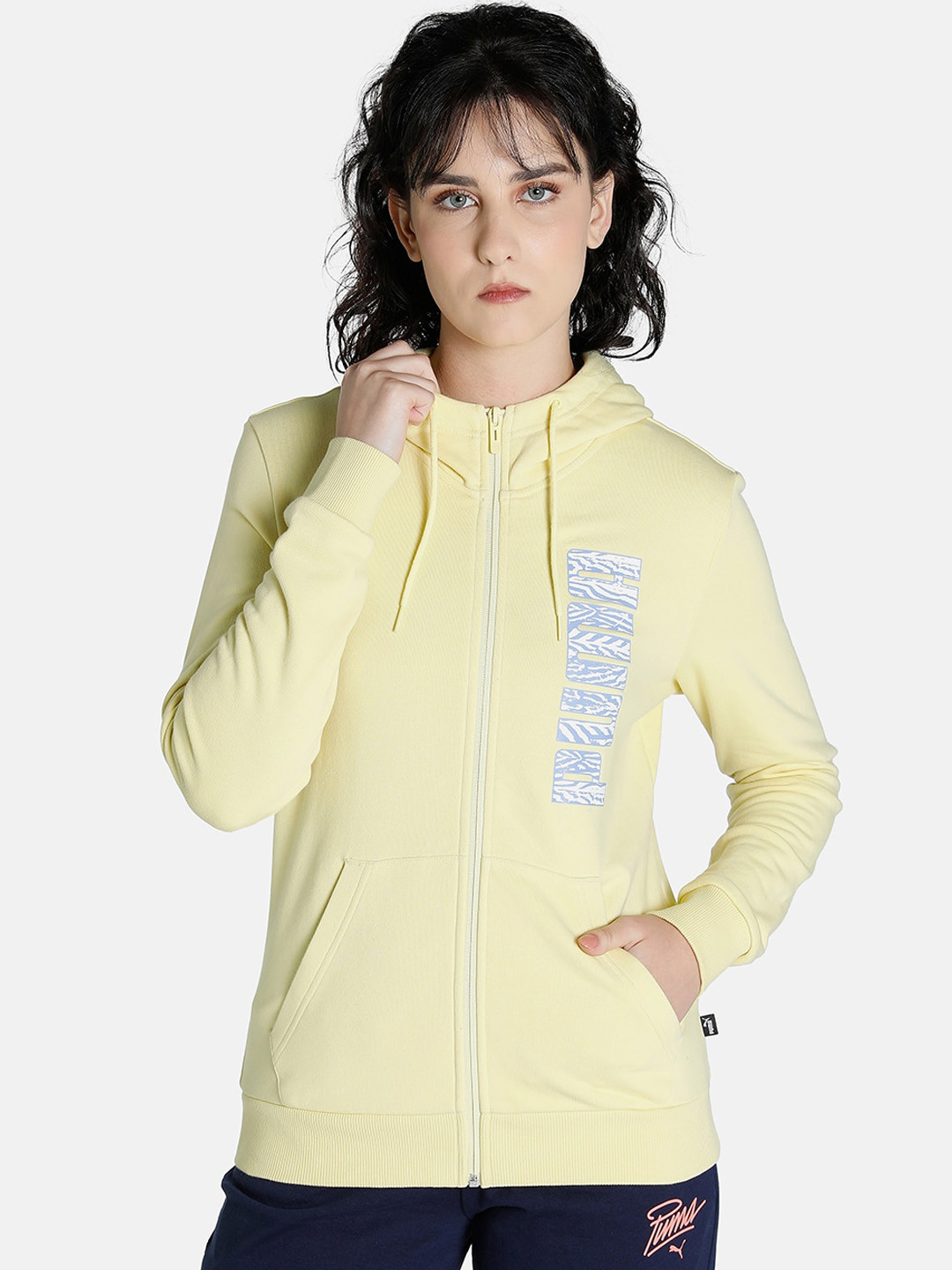 Puma Women Yellow White Open Front Cotton Regular Fit Jacket