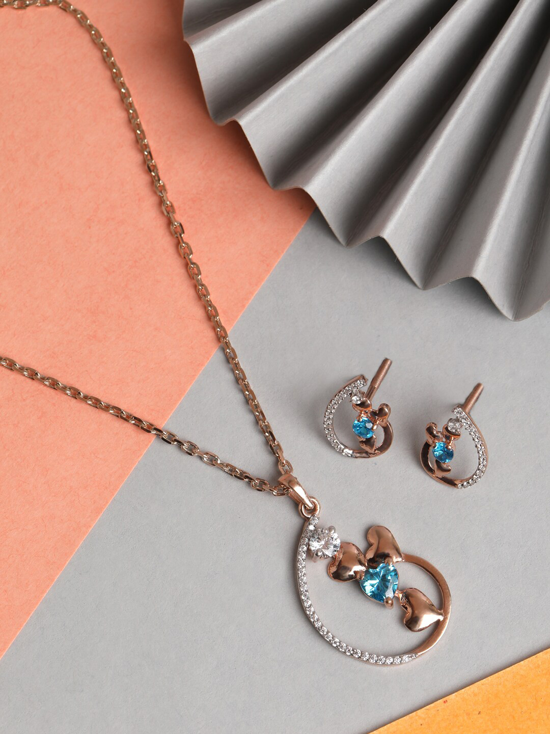Clara 925 Sterling Silver Rose Gold-Plated Blue CZ Studded Heart Jewellery Set