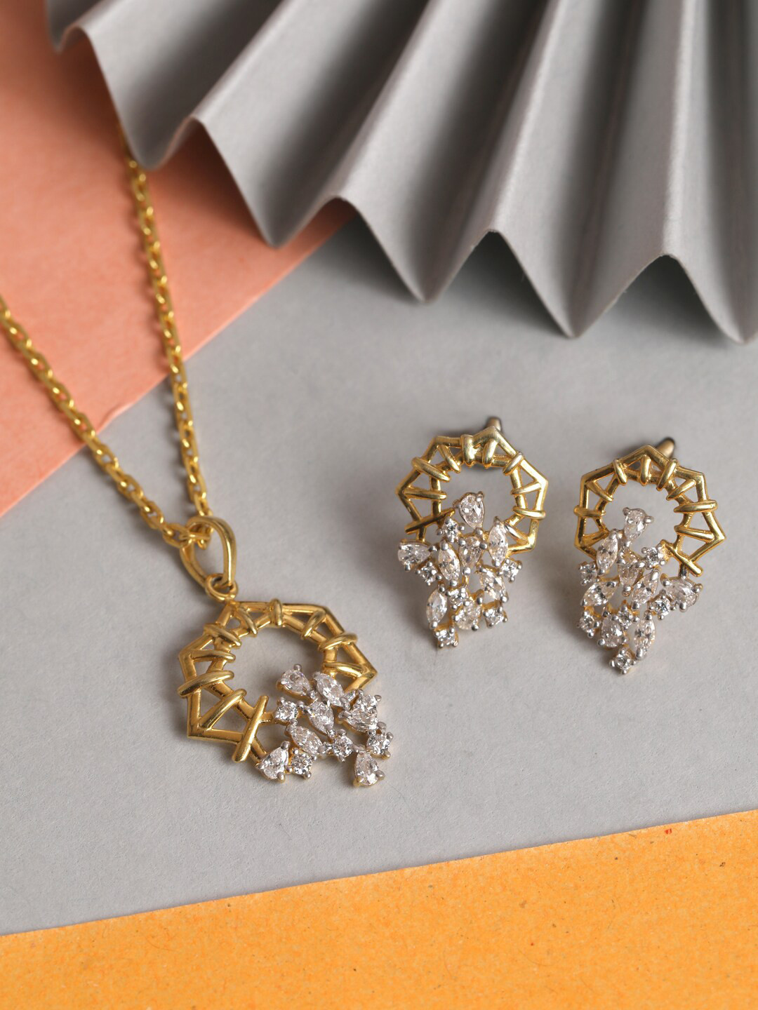 Clara Gold-Toned Plated 925 Silver CZ Studded Sterling Silver Jewellery Set