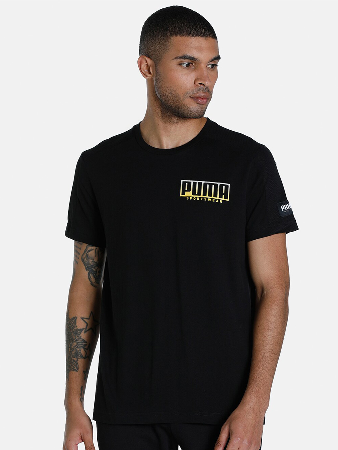 Puma Men Black & Yellow ATHLETICS Advanced Brand Logo T-shirt