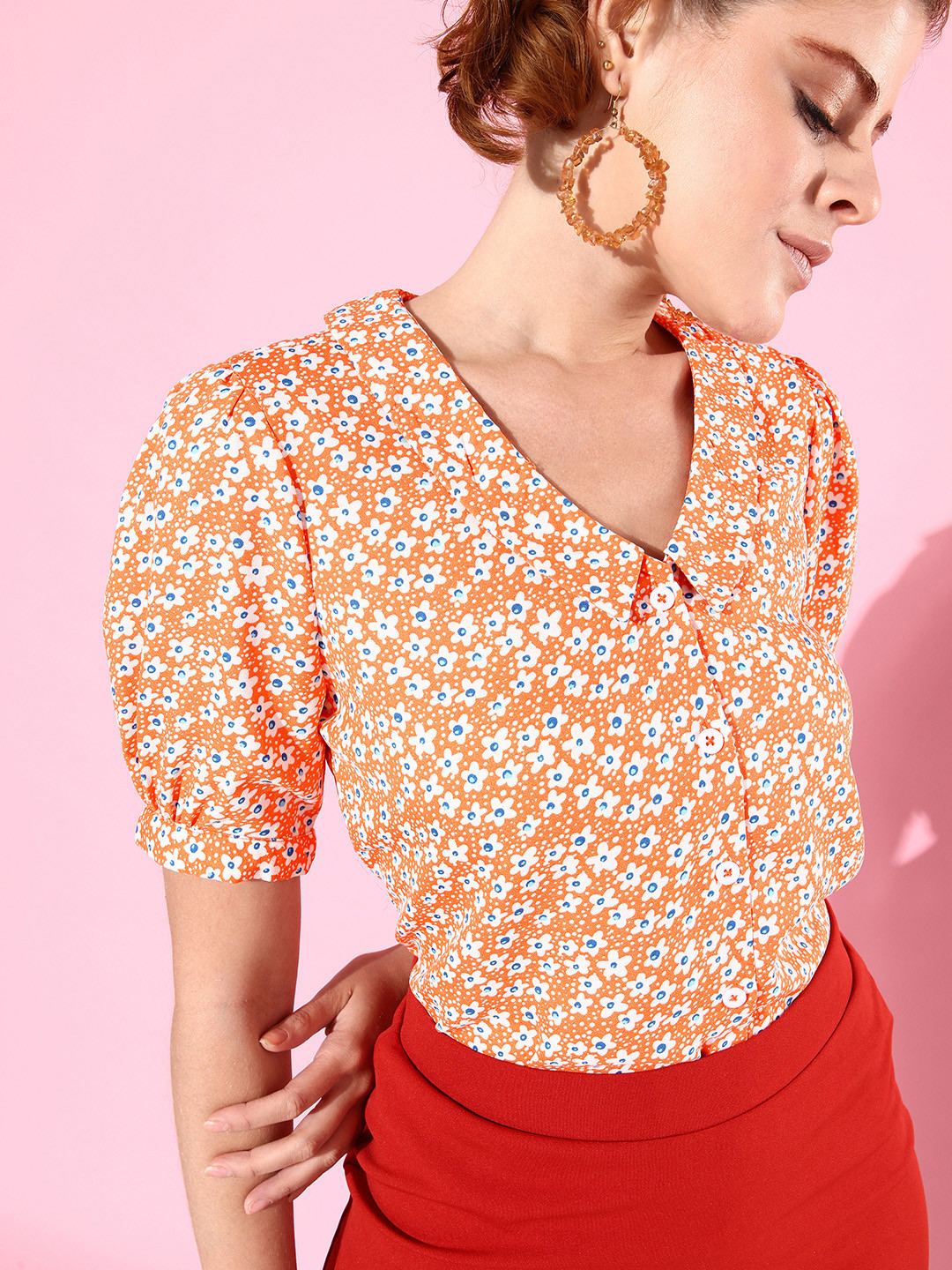 Mast & Harbour Bright Orange Floral Print Retro Optimism Statement Collars Shirt Style Top