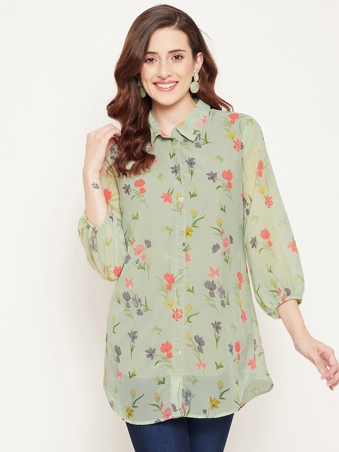 Bitterlime Green & Red Shirt Collar Printed Tunic