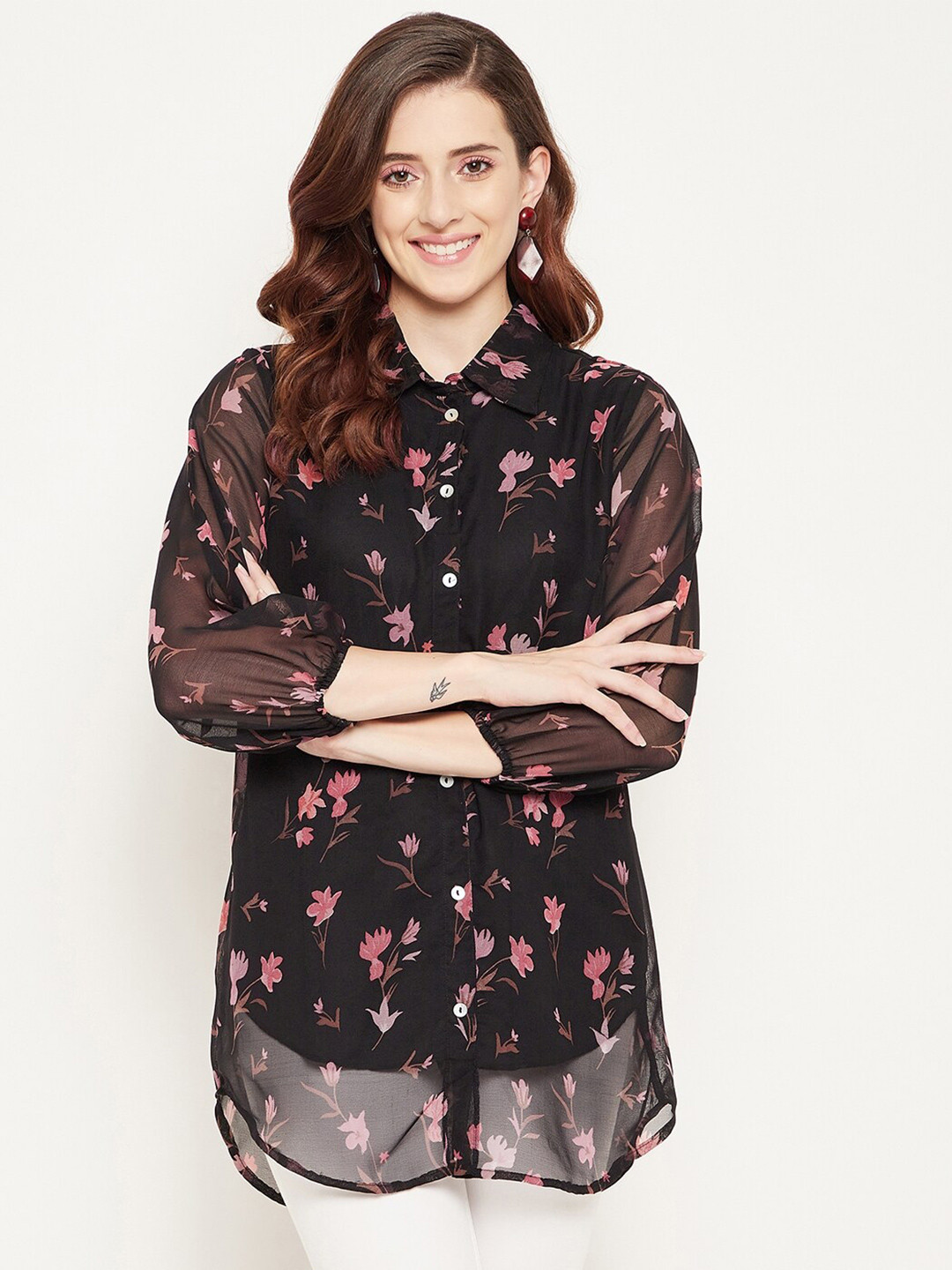 Bitterlime Black & Pink Shirt Collar Printed Tunic
