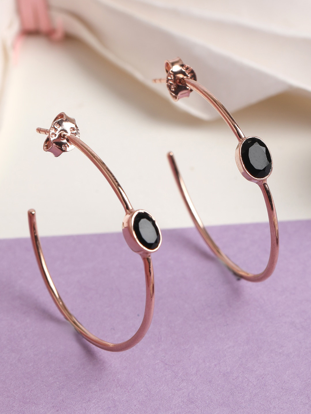 Clara Women Rose Gold Plated & Black onyx Contemporary Half Hoop Earrings